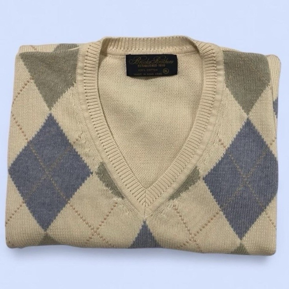 Vintage BROOKS BROTHERS Men's XL Cream V-Neck Argyle Sweater Vest Hong Kong
